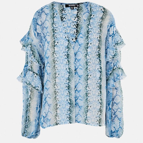SALE $ NWT Missguided Blue Animal Print Frill Sleeve Chiffon Blouse - Picture 4 of 11